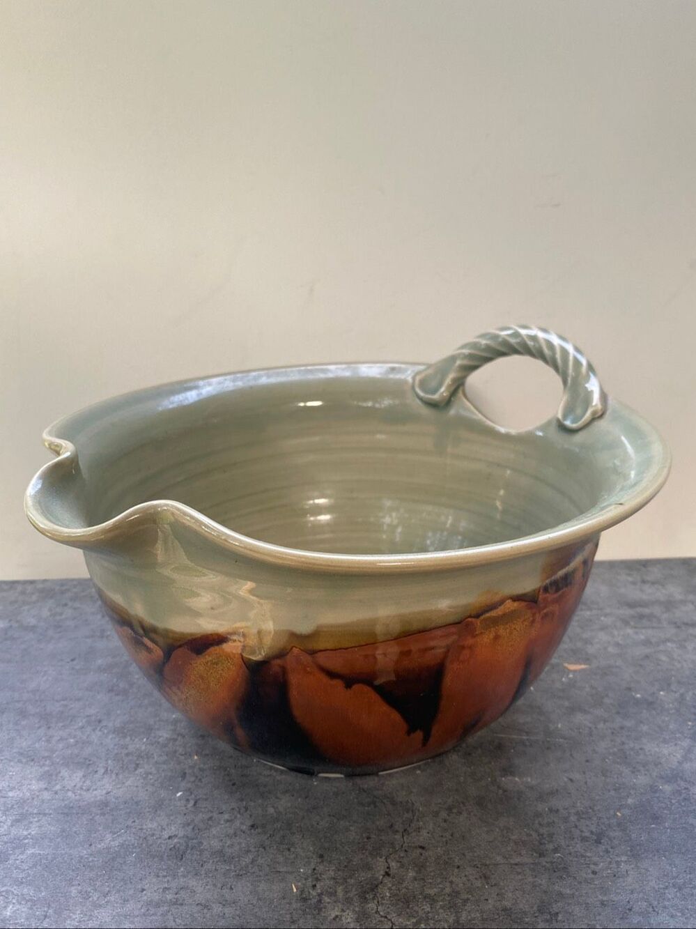 Clouds Folsom Studio Art Pottery Bowl Drip Glaze Sage Brown Rustic Cottage